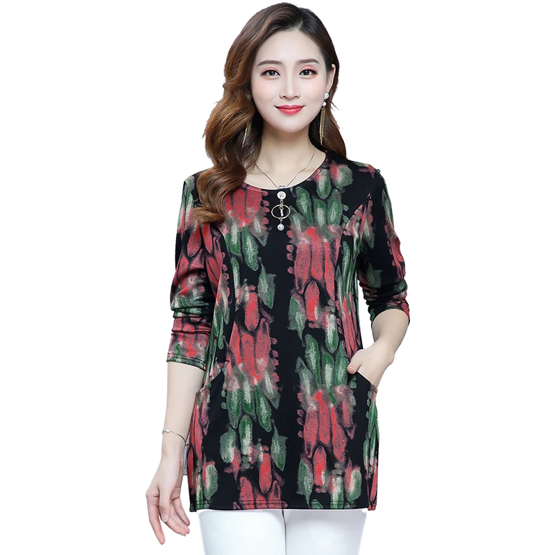 

Bottoming Shirt For Women Long Sleeve T-Shirts 2019 Spring Fall New Fashion Printed Plus Size Middle Age Mother Tops Pullover