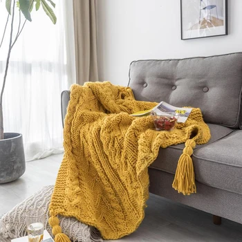 

Nordic Blanket Knitt Pink Tassel Thick Needle Thread Blanket Soft Casual Napping Blanket Sofa Cover Blanket Bedspread JF11