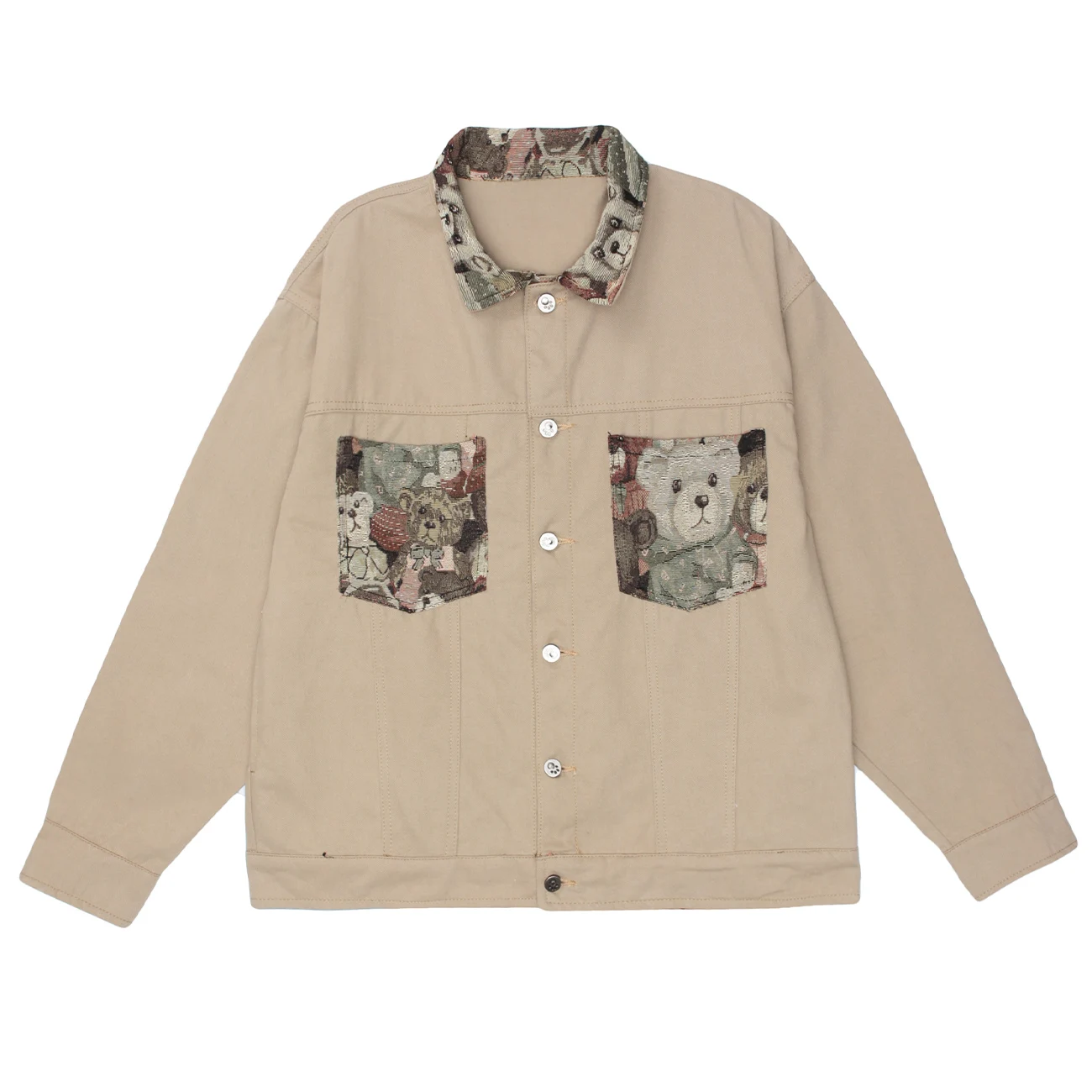 

LACIBLE Vintage Patchwork Bear Pocket Print Cargo Jacket Coat Men Women Streetwear Retro Lapel Jackets Oversized Spring Outwear