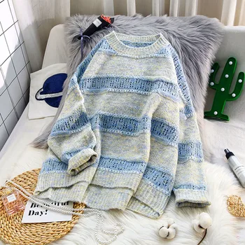 

striped patchwork hollow out knitted women sweater and pullovers 2020 winter new long-sleeved casual all match female pulls tops