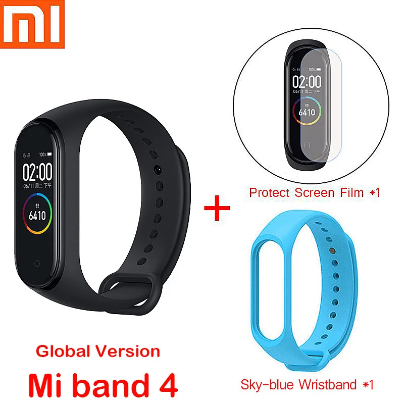 Global mi4 add strap Xiaomi mi браслет, 4 браслета/Xiaomi mi, 3 браслета, пульсометр, фитнес, цветной экран, Bluetooth 5,0, умный mi Band 4, для IOS, Android - Цвет: Global mi4 add strap
