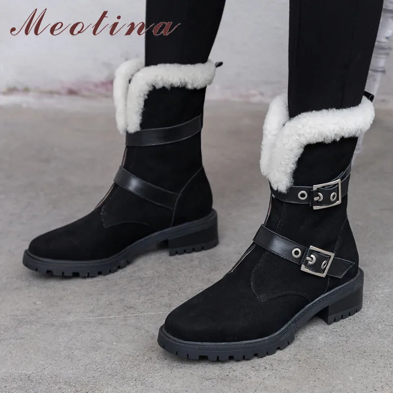 

Meotina Autumn Ankle Boots Women Cow Suede Chunky Heels Short Boots Real Leather Buckle Round Toe Shoes Female Black Size 34-39