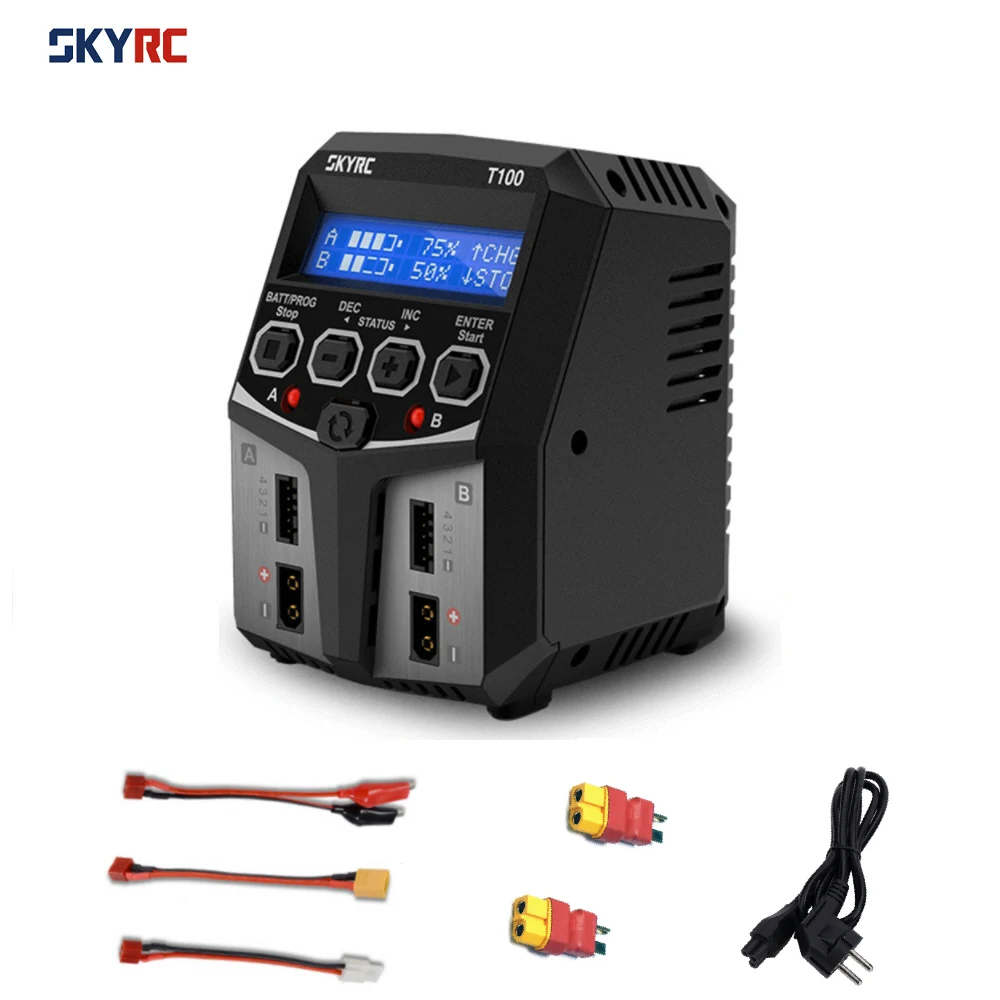

Балансирующее зарядное устройство SKYRC T100 DUAL 5A 2X50W с XT60 до T для 2-4S LiPo/LiIon/LiFe/LiHV, детали для радиоуправляемых моделей квадрокоптеров