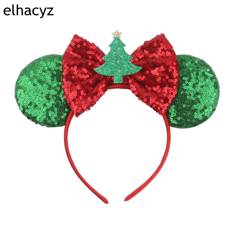 Праздничные блестящие уши Минни-Маус оголовье Рождество красный/зеленый плед бант оголовье для девочек женские вечерние аксессуары для волос
