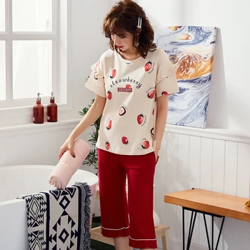 

2020 New Fashionable Women's Pajama Sets Cropped Pants Short Sleeve Pyjamas For Girl Casual Comfortable Spring Summer Sleepwear
