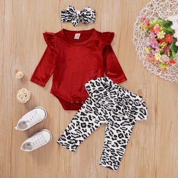 

Autumn Baby Girl Clothes Sets 3pcs Newborn Ruffles Solid Romper Bodysuit+Leopard Pants+Headband Outfits kit roupa bebe Sets D30