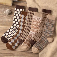 Thicker European Retro Men Women Couple Long Cotton Socks Check Printed Pattern Style Streetwear Fashion Harajuku Warm Socken
