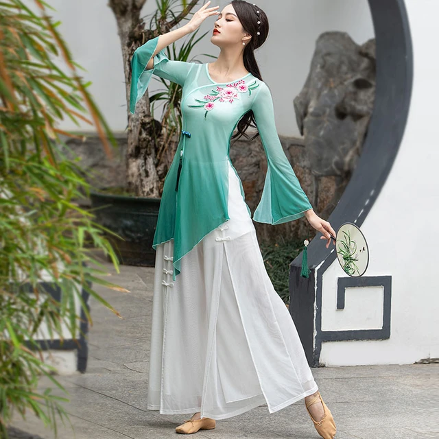 Robe de danse classique chinoise pour femme, cardigan transparent, jupe  longue en gaze, jupe-pantalon dégradée en Y, costume de performance imbibé  - AliExpress