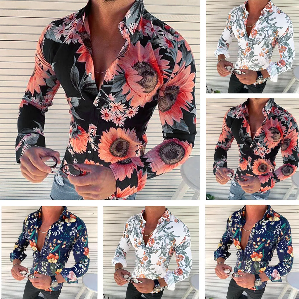 Men's Floral Shirt Long Sleeve Casual Shirt Fashion Rose Flower 3D Printed Turn-down Collar Slim Hawaii For Mens