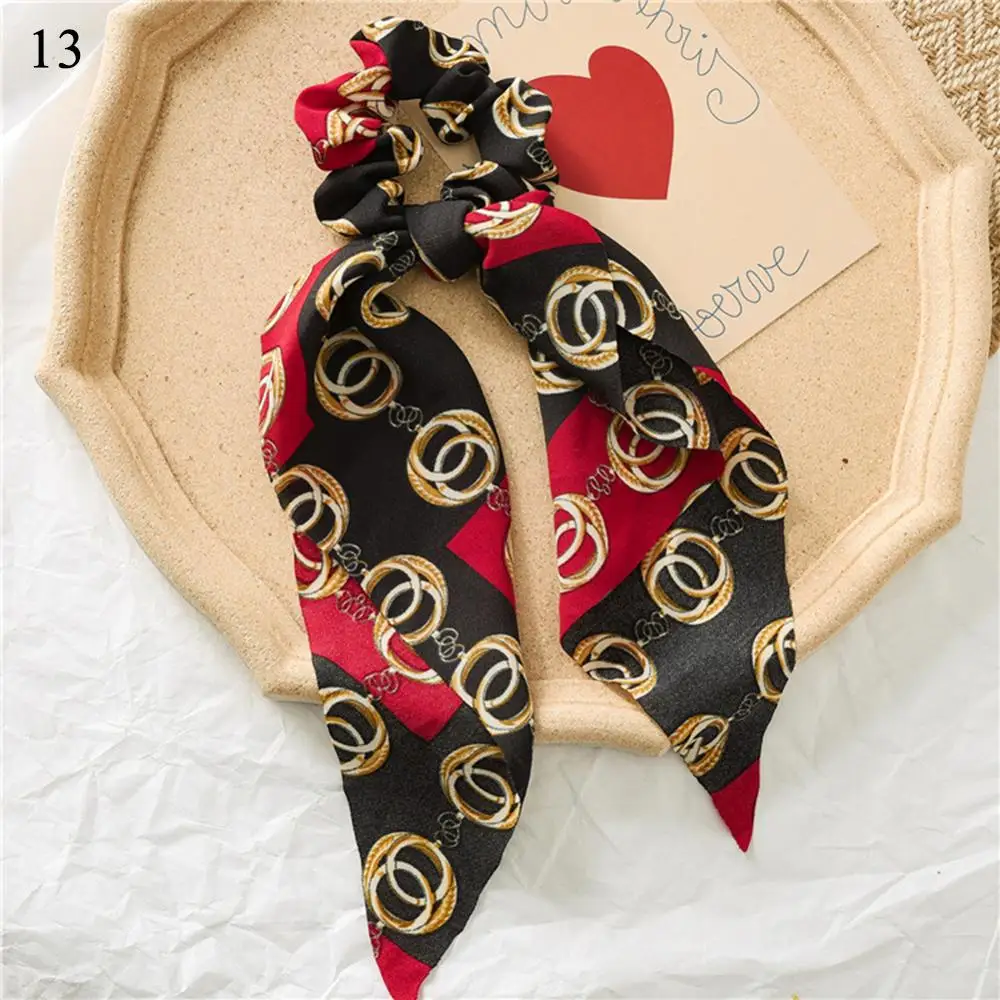 Женская Длинная лента для волос из толстой кишки, носовой платок, шарфы с бантом, винтажный конский хвост, держатель, цветная металлическая цепочка - Цвет: D13