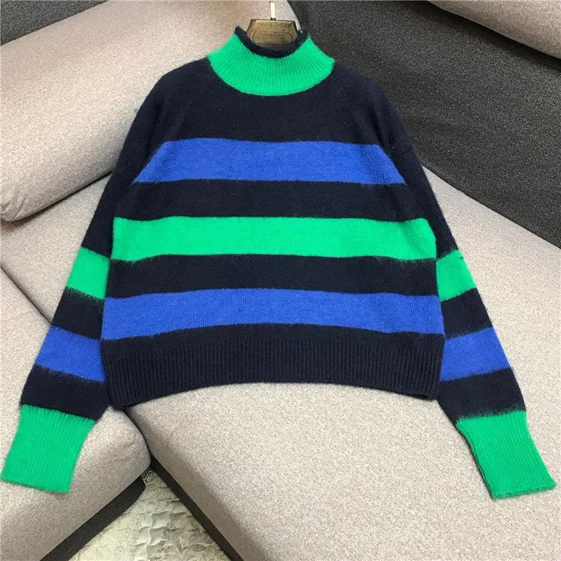 Best Price Luxury Designer Brand Knitted Sweater for Women Causel High Collar Contrasting Striped Mohair Loose Knitted Pullover Sweater