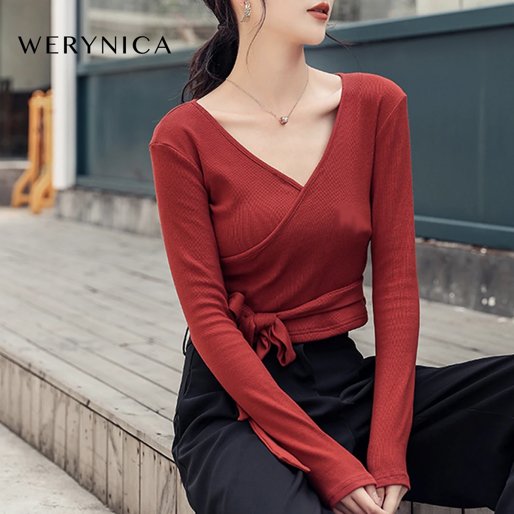 WERYNICA 2020 новые женские трикотажные футболки с поясом сексуальный V-образный вырез
