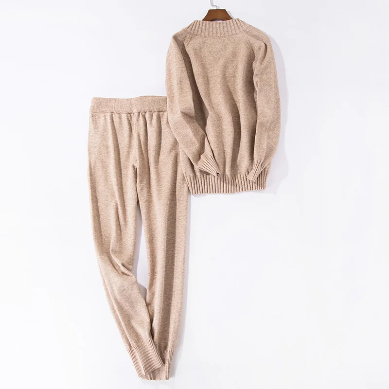 Women track suits sets Autumn Winter V-neck pullovers + long pants sets Soft warm knitted sweater track suits
