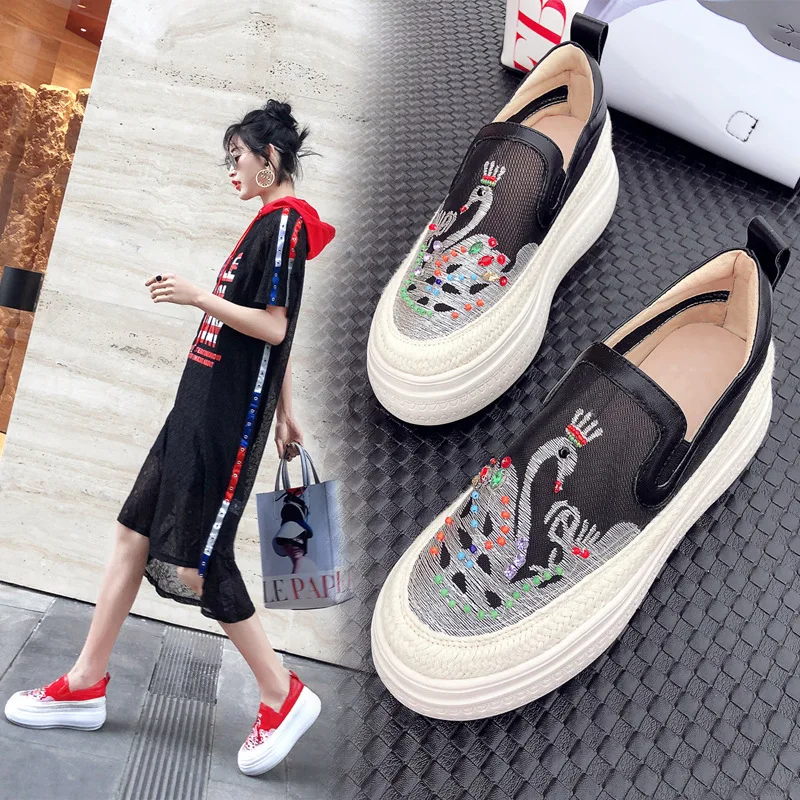 

Genuine Leather Embroidered Gauze New Women's-Style Loafers Women's 2019 Spring Summer Platform Thick Bottomed Contrast Color St