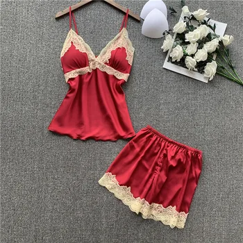 

Sexy Women Pajamas with Chest Pad Satin Pijamas Female 2 Piece Set Summer Pajamas for Women Pyjama Nightsuits