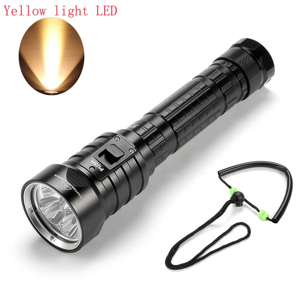 new 4 x XM-L L2 Yellow Light 6000 Lumens LED Diving Flashlight Underwater Waterpoof Powerful Tactical Torch 26650 Battery lamp