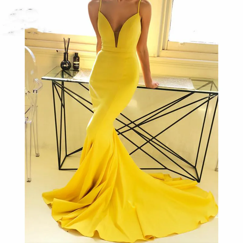 

Plunge Mermaid Evening Dresses 2019 Long Spaghetti Straps Deep V-Neck Elastic Vestido Longo Formal Evening Party prom Dress