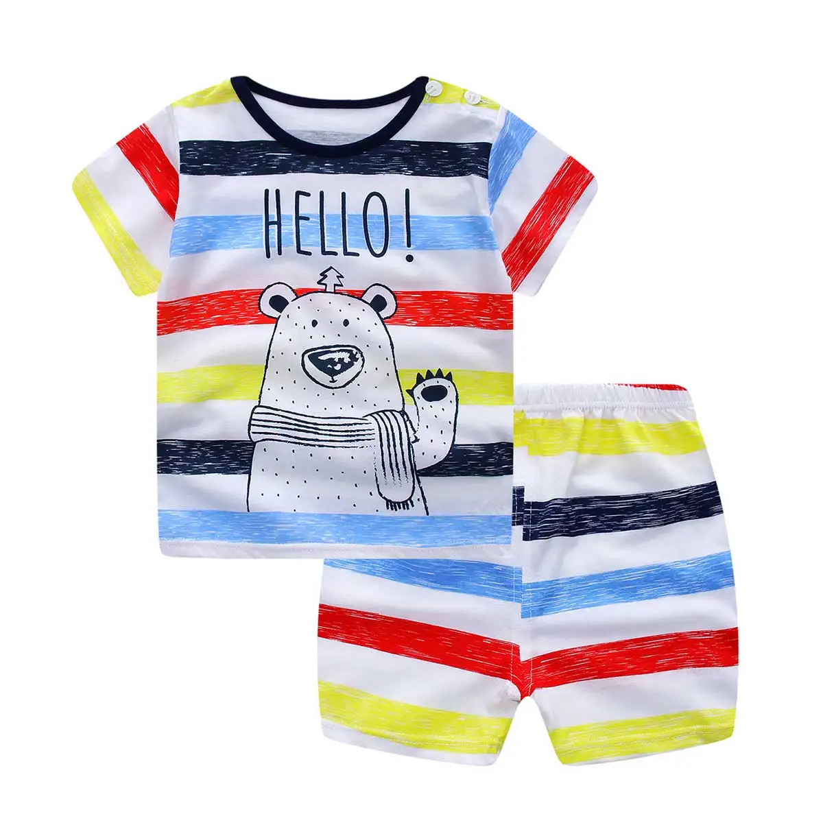 

OPPERIAYA Summer 2pc Cozy Cotton Outfit Short Button Sleeve Classical-Round-Neck Cartoon Cute Patterns Tops Elastic Band Shorts