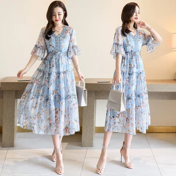 

Plus Size 2020 Women Autumn Dresses Bohemian Long Sleeve Chiffon Shirt Dress White Bow Floral Boho Club Party Dress Winter 2XL