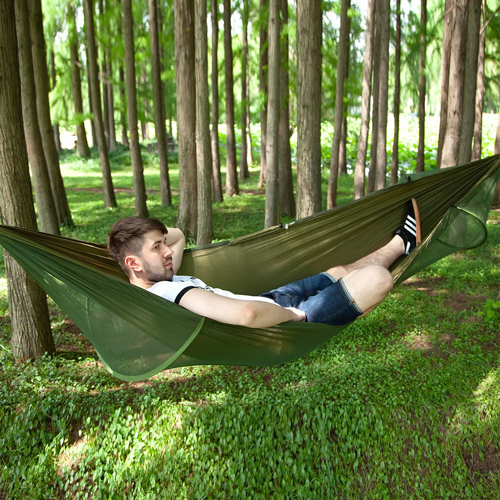 Double Camping Hammock with Mosquito Net Portable Hammock with Tree Straps Lightweight Parachute Travel Bed Quick Open Easy Set