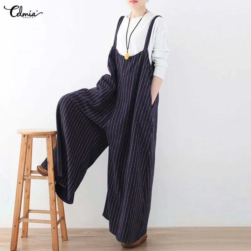 

Celmia 2020 Fashion Rompers Women Jumpsuits Vintage Striped Playsuits Backless Casual Loose Playsuits Plus Size Overalls 5XL