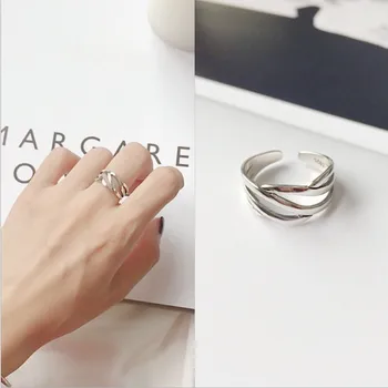 

ANENJERY Personality Vintage Mutil Layers Twist Rope 925 Sterling Thai Silver Rings Wave Opening Ring For Women S-R533