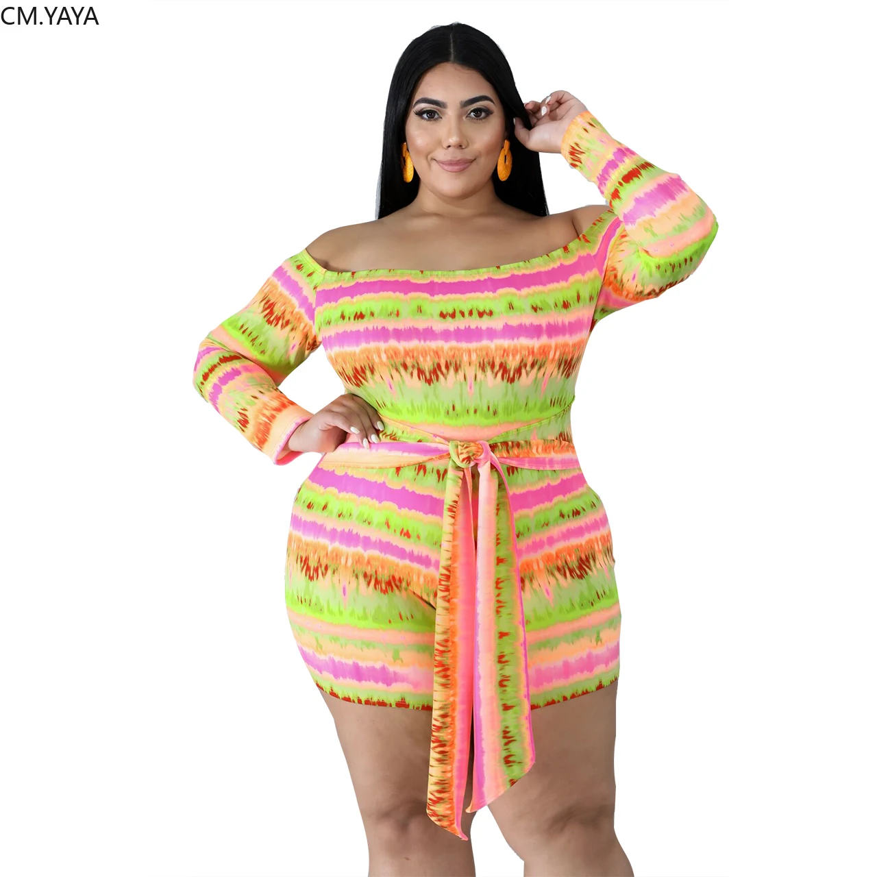 

GL Plus size XL-4XL Winter women Slash Neck Full sleeve playsuit Striped print Sashes bodycon Jumpsuit Sexy Club Romper J5067