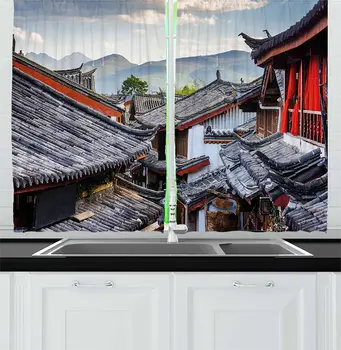 

Vintage China Kitchen Curtains Roofs of The Houses Chinese Tiles Scenic View in The Touristic Town Window Curtain for Kitchen