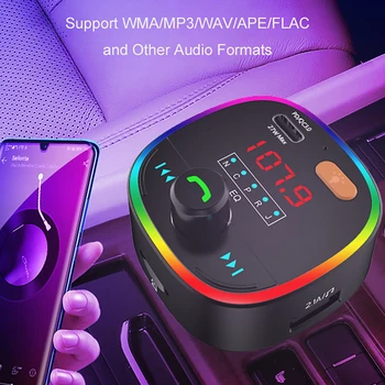 

Car Charger adapter Bluetooth 5.0 FM Transmitter Ambient Light EQ Mode Mp3 Player Play Support U Disk / TF Card Musi