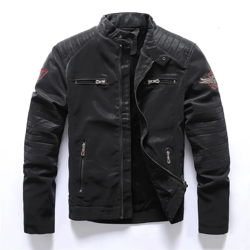 KIOVNO Men Winter Pu Leather Jacket Coats Fleece Lined Motorcycle Embroidery Jackets Outwear For Male Size M-3XL Windbreak  (7)