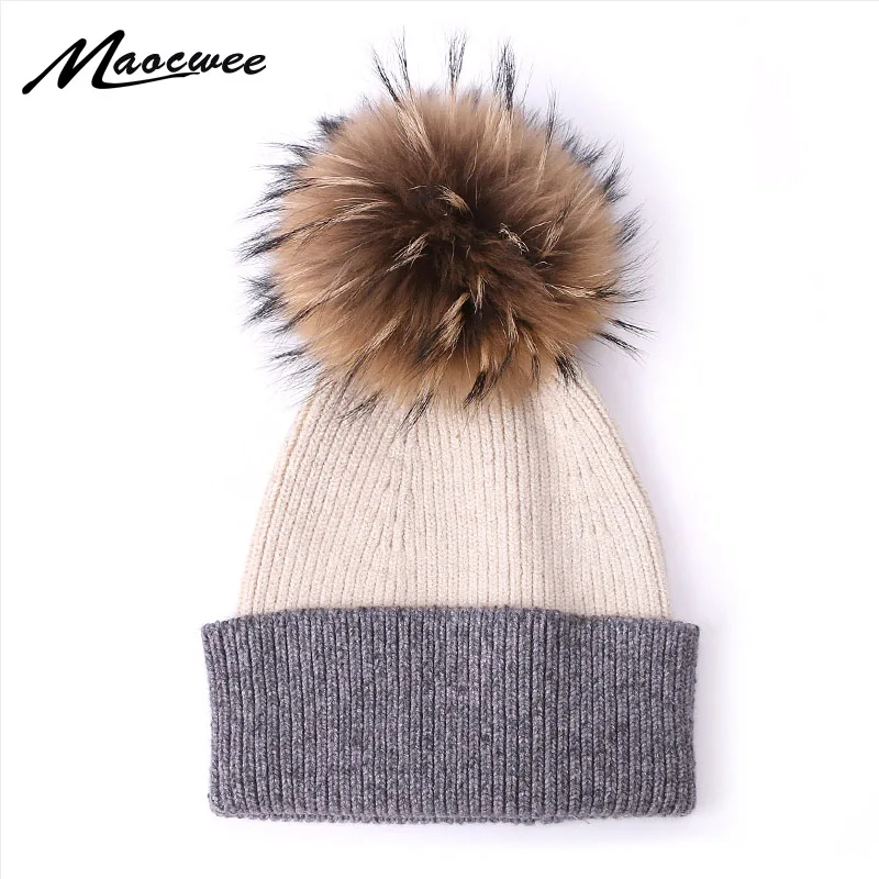 

Real Fur Pompon Beanie Hat For Women Autumn Winter Outdoor Warm Wool Skullies Beanies Caps Solid Hats Glirs Knitted Beanie Hat