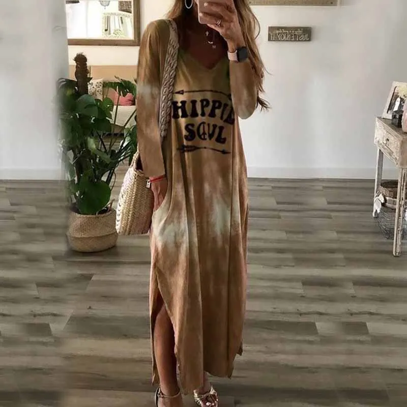 

2019 Autumn Long Sleeve Letter Printed Women Dress Sexy V-neck Casual Split Maxi Dresses Fashion Streetwear Female Vestidos