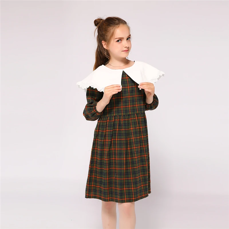 Kseniya/детское модное весенне-осеннее платье с длинными рукавами для девочек, новинка, белый кружевной воротник, клетчатая хлопковая шерсть