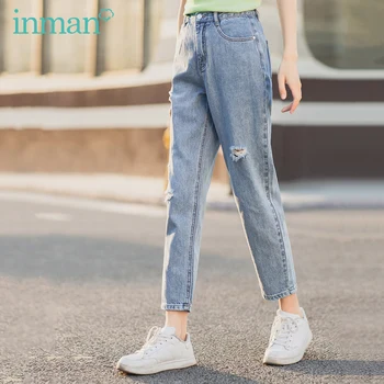 

INMAN Summer New Arrival Mid High Wasit Ankle Length Fashion Causal Hole Out Fit Women Jeans Pant
