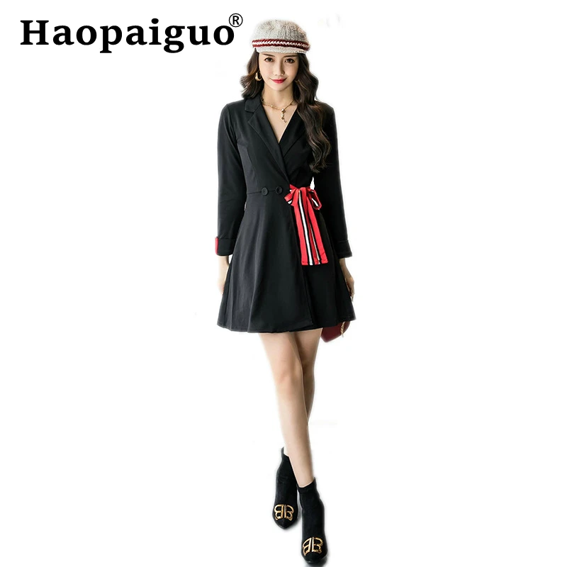 

Autumn Winter Black Dress Women Long Sleeve Sheath Mini Blazer Dress Women with Bow Contrast Solid Office Dress Plus Size Jurken