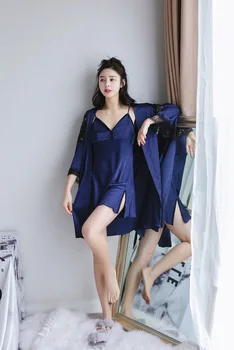 

Spring sexy suspender Pajama women's nightgown with cushion ice silk long sleeve Pajama two piece suit household clothes