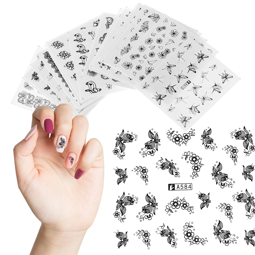 

40pcs/set Mixed Designs Black Water Transfer Nail Sticker Lace Flowers Butterfly DIY Manicure Nails Art Decoration