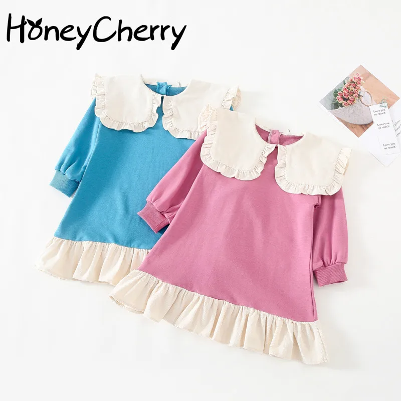 

2020 Autumn New Girl's Dress Korean Children's Long Large Lapel Hem Stitching Sweater dress baby girl clothes