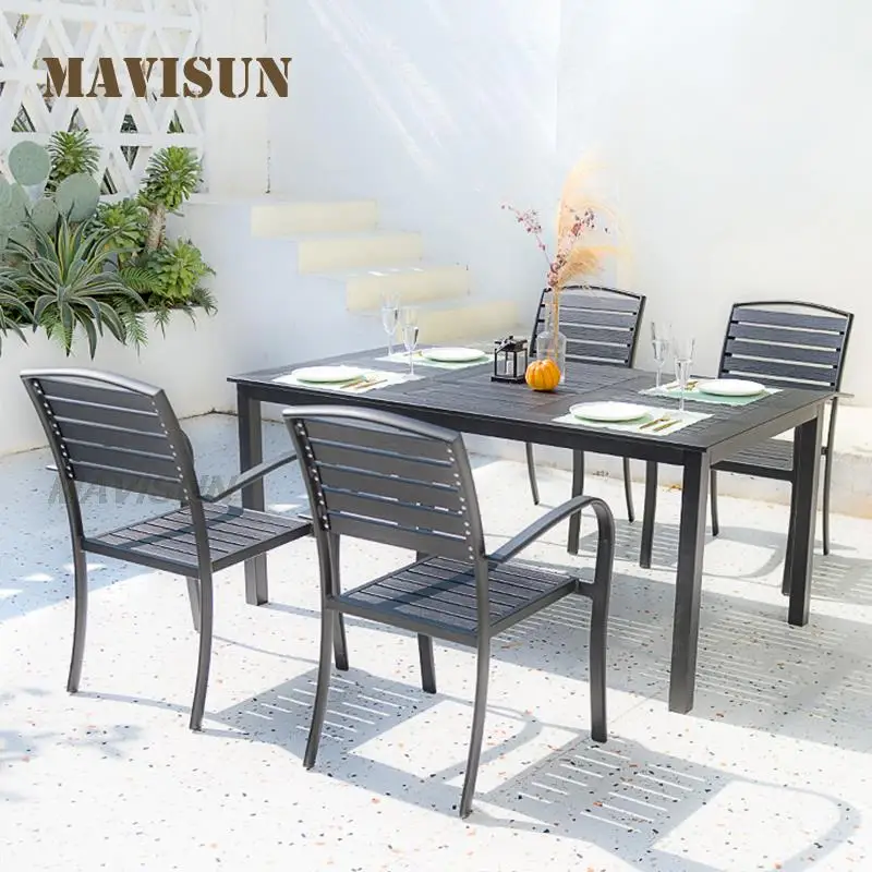Modern Outdoor Aluminum Alloy Rectangle Round Garden Dining Table Industrial Style Back Chair Patio Terrace Rainproof Dining Set