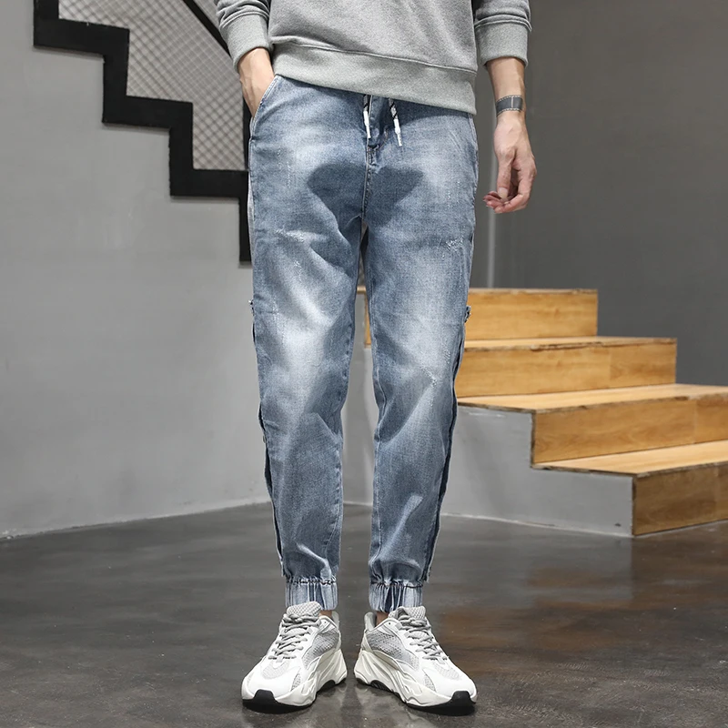 KSTUN Jeans Men Light Blue Elastic Waist Trendy Side Buttons Streetwear Drawstring High Quality