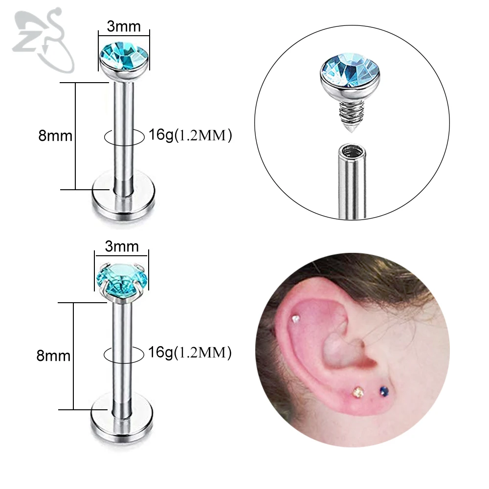 ZS 20 шт./лот 16 г Кристалл Циркон губная серьга из нержавеющей стали губная серьга с внутренней резьбой пирсинг унисекс хрящевой пирсинг