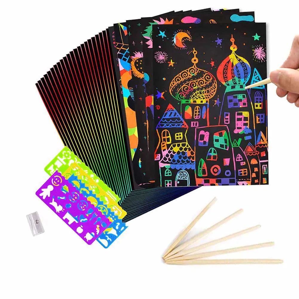 Avec stylet en bois et ruban Motif arc-en-ciel magique En forme de citrouille Gukasxi Lot de 42 feuilles de papier à gratter pour enfants 