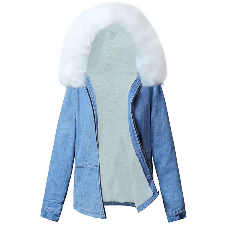White fur Однотонная зимняя джинсовая куртка с меховым воротником и капюшоном для женщин, Повседневная модная женская джинсовая куртка с меховой подкладкой, женская верхняя одежда, джинсовая женская куртка - Цвет: White fur
