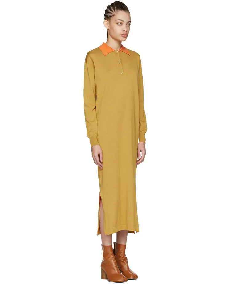 DEAT New Winter Fashion Women Clothes Turn-down Collar Full Sleeves Knits Yellow Shirt Dress With Belts WJ13807S