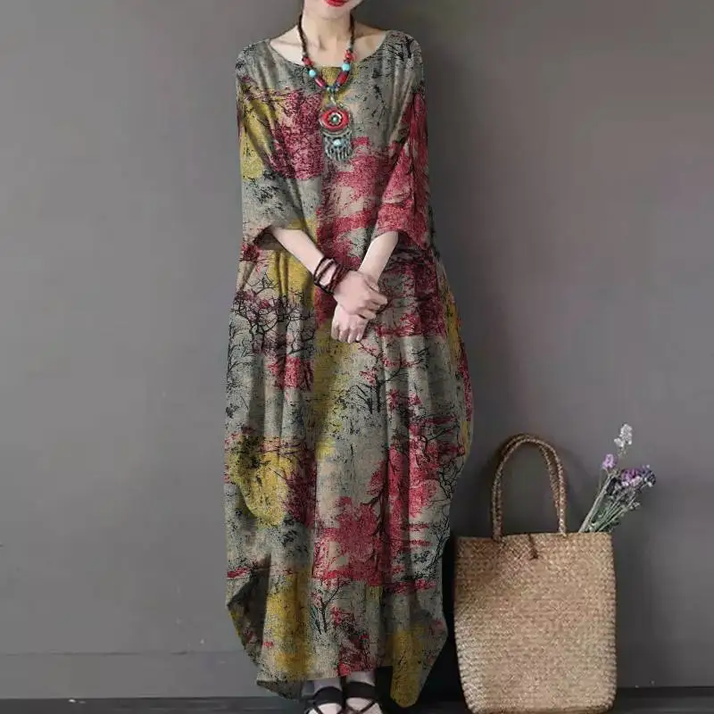 ZANZEA Vintage Printed Maxi Long Dress Women Sundress Casual Long Sleeve Kaftan Dresses Female Baggy Floral Vestidos Plus Size 7