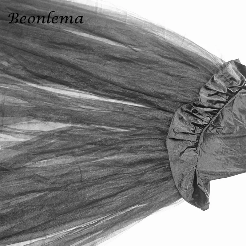 Beonlema/Женская длинная Макси-юбка, сетчатая юбка в готическом стиле, юбка с оборками и кружевным подолом, юбка с эластичной резинкой на талии, Женская юбка черного цвета