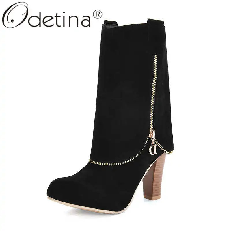 

Odetina Women Fashion Round Toe Zip Up Slip On Non-slip Long Boots Lady Retro Block Extreme High Heel Faux Suede Mid Calf Boots