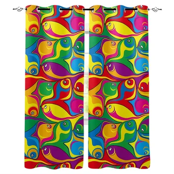 

Abstract Fish Colorful Art Window Curtains LivingRoom Kitchen Curtains for Bedroom Left and Right Biparting Open Curtains