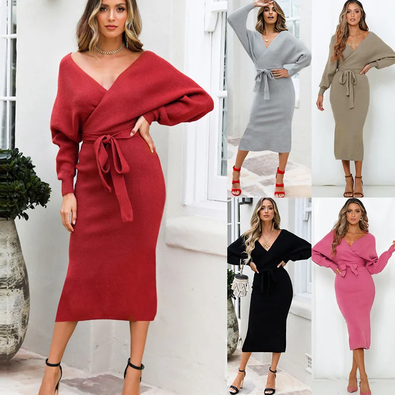 

Autum Winter Women Sheath Knitted Dreses with Sash Solid V Neck Long Sleeves Elegant Long Sweater Dress Mid Calf Length