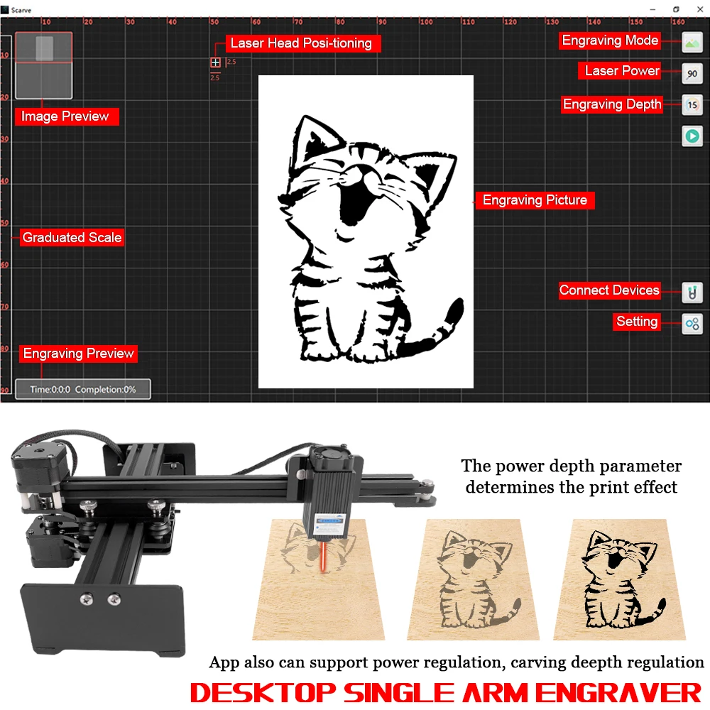

Power Adjustable Laser Engraver Desktop Single Arm Engraver Portable DIY Engraving Carving Machine CNC Mini Carver 2.5W/5.5W/7W